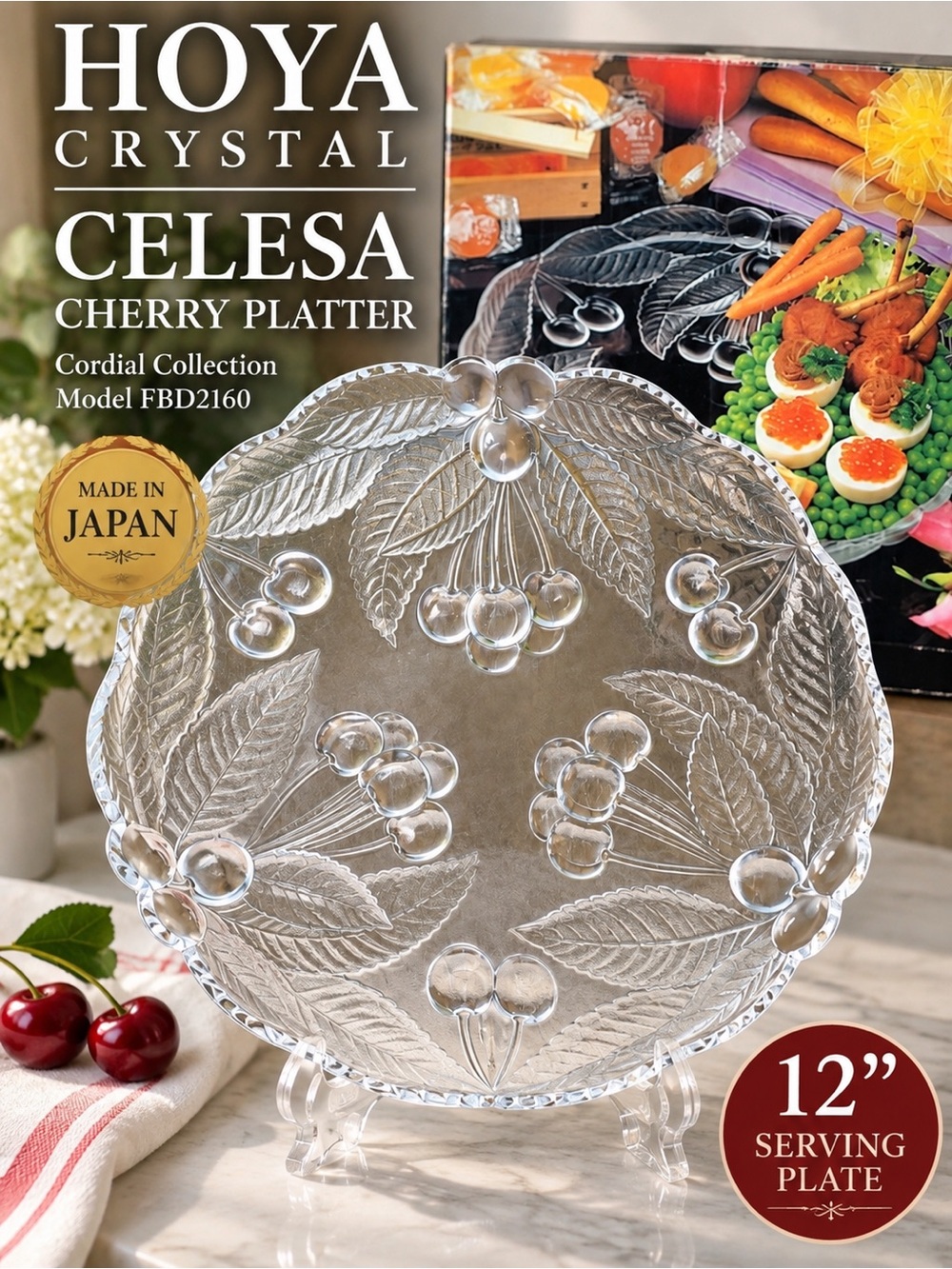 Vintage HOYA Crystal Celesa Cherry Platter 12” Japan FBD2160 w/ Box